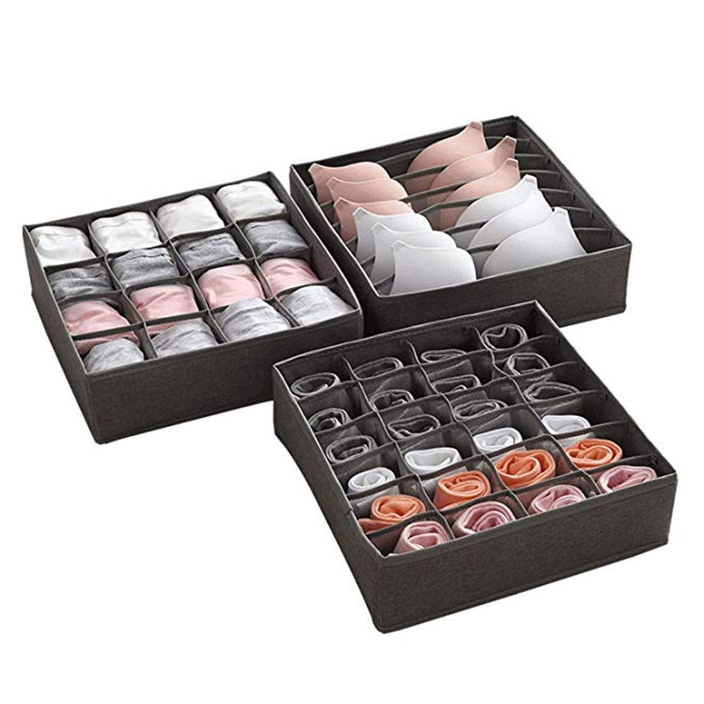 JHSH Bra Underwear Drawer Organiser, Collapsible Houseware Closet Underwear Organizer Drawer Divider, Foldable Storage Box for Bras, Underwear, Socks, Neck Ties, Scarves 3 Set (Grey)