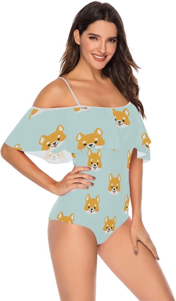 Amazon 女性用水着ワンピース水着ファルバラトップハイウエストボトムビキニセット 甘い柴犬犬かわいい動物 ワンピース 通販