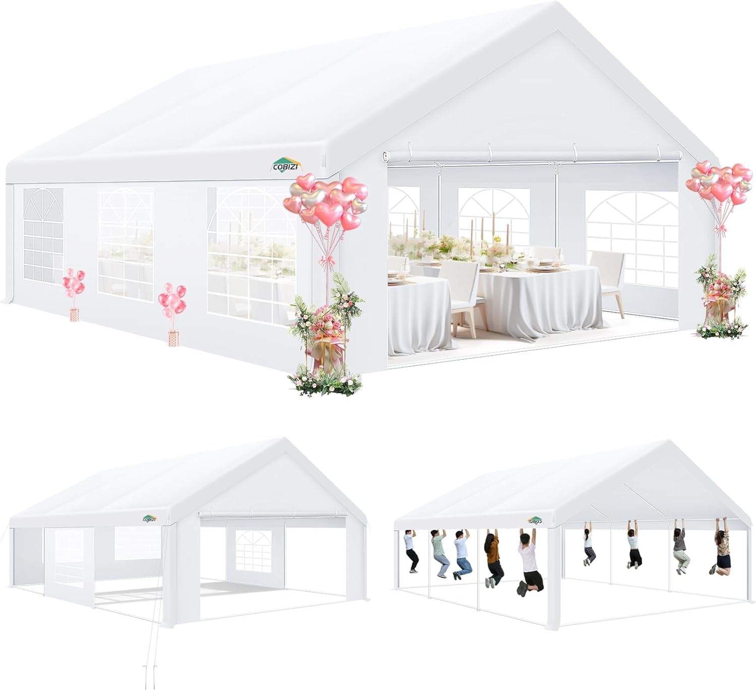 Photo 1 of COBIZI 20x20 Party Tent Heavy Duty, Large Outdoor Wedding Tents for Parties with 6 Sidewalls & Built-in Sandbags,Waterproof Event Canopy Gazebo Temporary Shelter Carport,Camping,Patio,Windproof