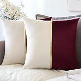 OTOSTAR Wine Red White Velvet Cushion Covers with Gold Leather Patchwork Luxury Modern Minimalist Square Pillowcase Throw Pillow Covers for Living Room Bed Couch Sofa 18x18Inch Set of 2