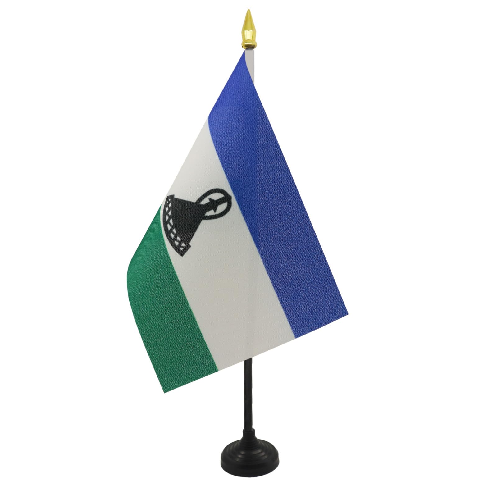 AZ FLAG - Lesotho Table Flag 4'' x 6'' - Mosotho Mini Desk Flag 100% Polyester 15 x 10 cm - Office Mini Banner with 10'' Pole - Golden Spear