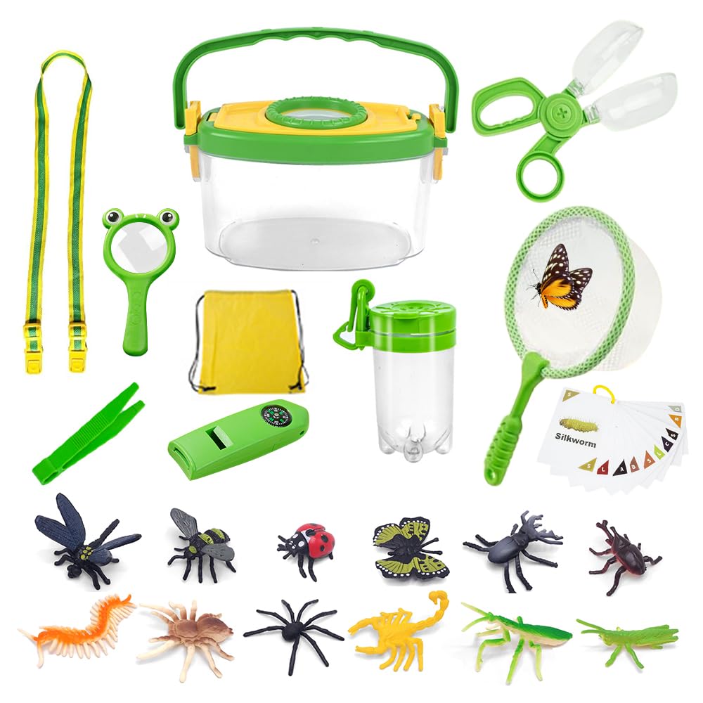 RNPKZ Bug Hunting Kits, 32Pcs Bug Catching Kit with Insect Observation Box Insect Net Tweezer Magnifying Glass Whistle & 12 Bug Toys, Bug Catcher for Kids, Outdoor Bug Collecting Kit for Boys Girls
