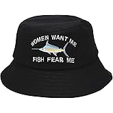Enodtter Women Want Me Fish Fear Me Embroidered Bucket Hat