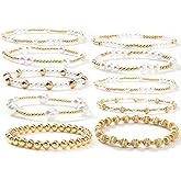 SHINUS BOHO 14K Gold Plated Beaded Pearl Stack Bracelets Sets for Women,Stackable Trendy Waterproof Ball Link Fashion Accessories Jewelry Gifts