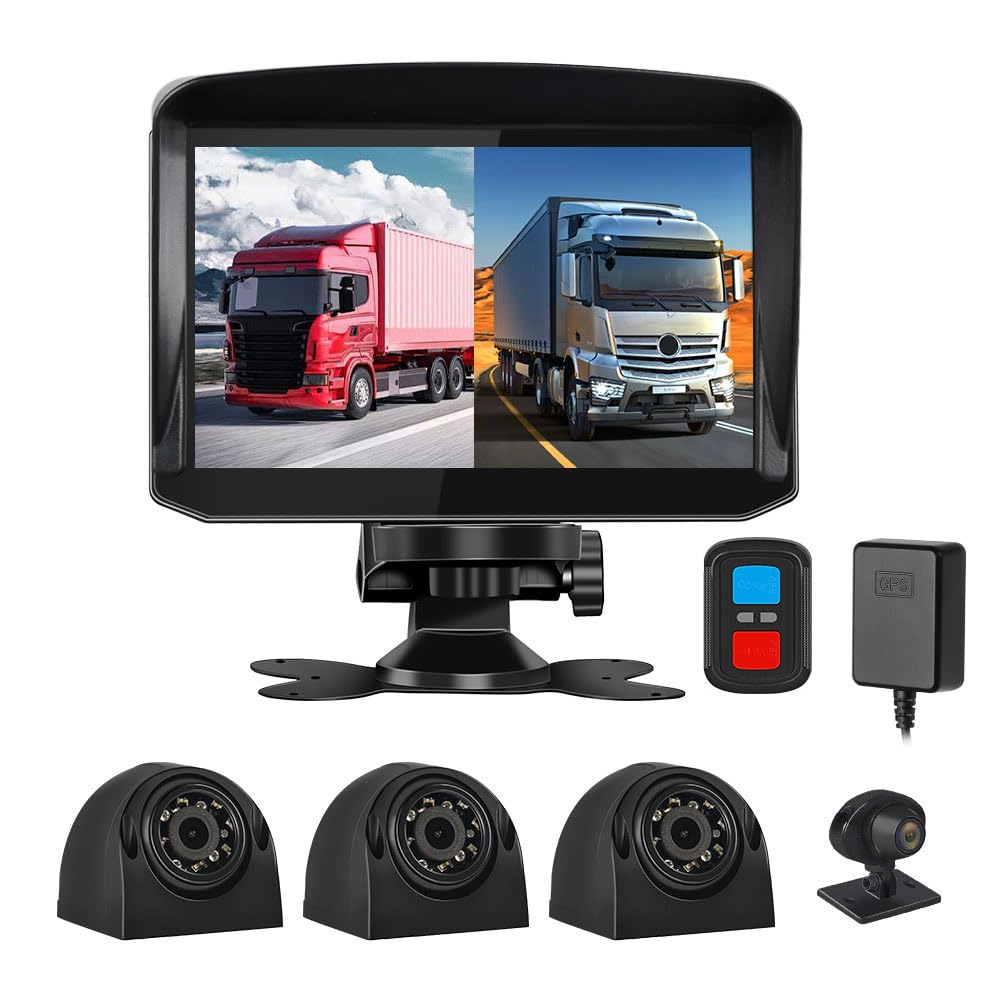 VSYSTO Truck Dash Cam Car Backup Camera, 7.0'' Monitor Reversing Camera Kit Front/Rear/Sides 4CH Waterproof Car Rear View Reverse Cam with GPS, Night Vision, G-Sensor for Bus, Truck, Trailer, RV