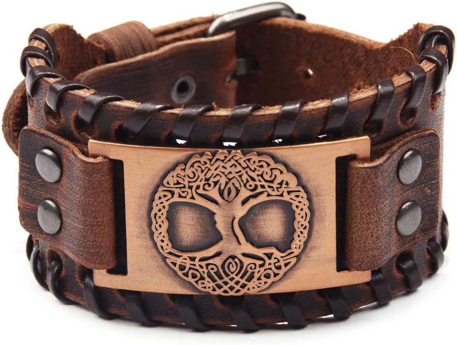 Juland Punk Braided Rope Alloy Bracelet Bangle Wristband Genuine Leather Bracelet Mens Leather Cuff Bracelet Tree of Life Wristbands Wide Cuff Leather Wrap Adjustable - Red Copper & Brown