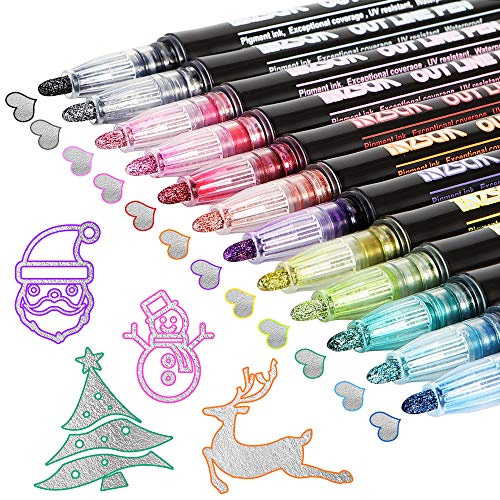 Double Line Outline Pens, 12 Colours Outline Pens Two-Line Glitter Art Drawing Pens Marker Pens Set Highlighter Writing Drawing Pens for Birthday Greeting Card/Scrapbooking/Painting/DIY Art Crafts