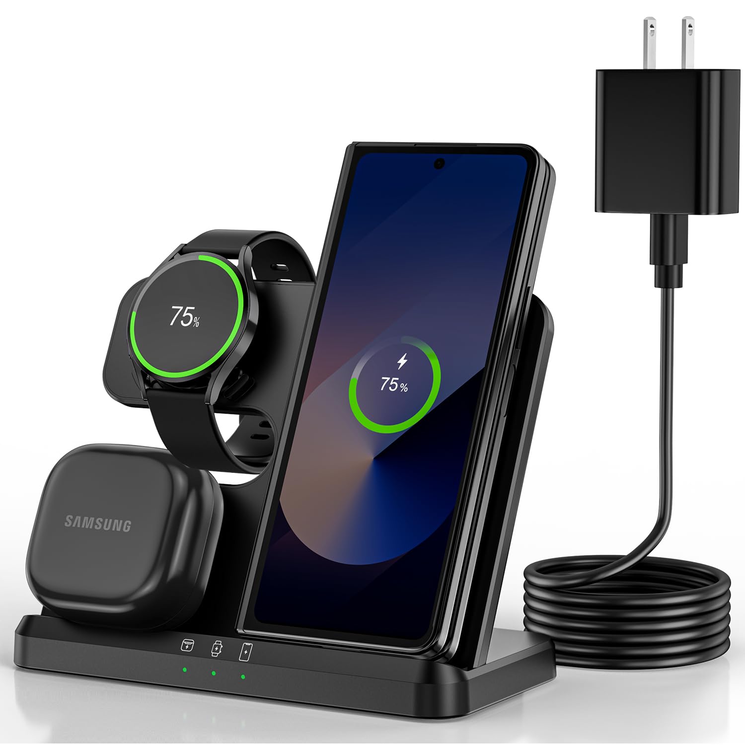 Wireless Charger for Samsung Charging Station: 3 in 1 Galaxy Watch Charger, Adapter Included (Matt Black)