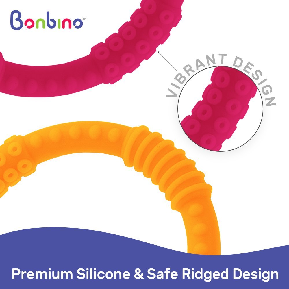 Bonbino Teether Rings - (4 Pack) Silicone Sensory Teething Rings - Soothes Baby Gum Pain! (Pinks and Oranges) : Baby