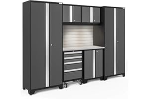 NEWAGE PRODUCTS INC. NewAge Products Garage Storage Cabinets Bold 7 PC Set in Gray Include Worktop, Backsplash, LED Lights, Two-Door Base, 2 x Wall and Tool Drawer Cabinets, 2 x Multi-Use Lockers, 50403