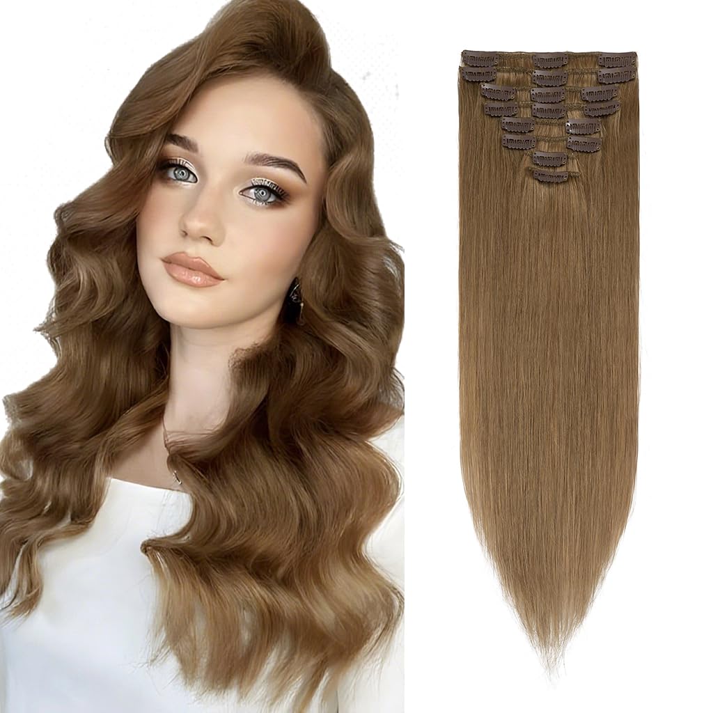 Rich Choices Hair Extensions Clip in Human Hair 16 Inch Light brown Remy Hair Extensions, 8PCS 65g Thin Weft