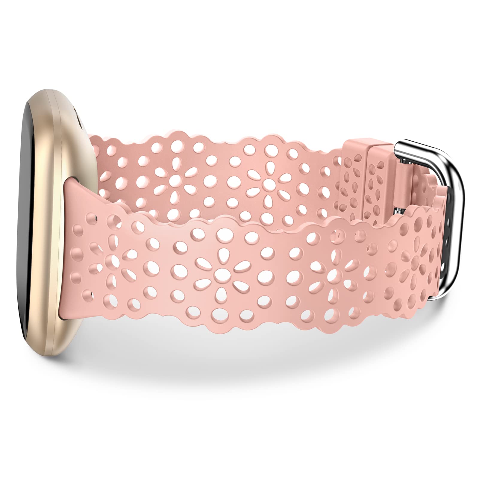 TOYOUTHS Lace Silicone Compatible With Fitbit Versa 3/Sense/Versa 4/Sense 2, Women Slim Cute Hollow-Out Sport Replacement Strap, Breathable Waterproof Soft, Pink — image 1