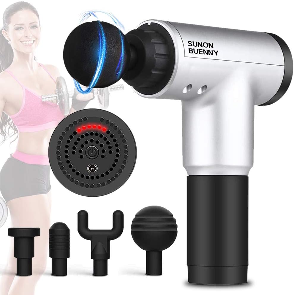 Deep Tissue Percussion Massage Gun for Athletes, 6 Adjustable Speed 4 Detachable Head, Super Quiet Portable Cordless Handheld Massager Gun for Muscles Deep Relaxation，Pain Relief(Silver): Health & Personal Care