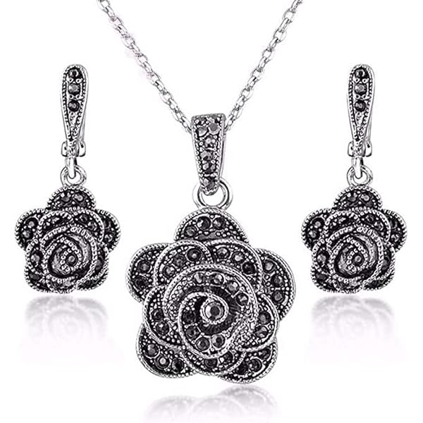 Ensemble Bijoux Femme Fleur Camélia Noir - Collier Et Boucles D'oreilles Strass Zircon - Style élégant Pour Mariage, Soirée