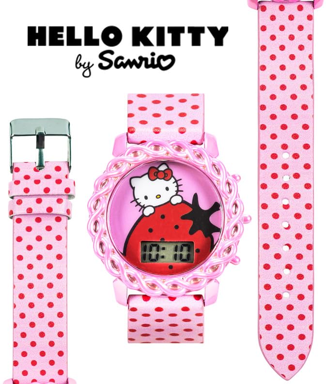 Accutime Hello Kitty Kids Digital Watch with LED Display, Pink Polka Dot PU Leather Strap, Adorable Strawberry Design, Fun Light-Up Feature, Durable & Adjustable Fit for Wrist Sizes 5.5