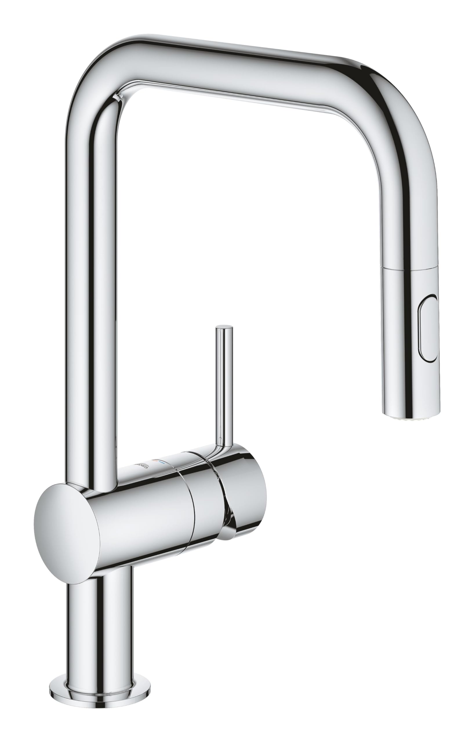 GROHE Minta - Kitchen Sink Pull-Out Mixer Tap (2 Spray Options, High U-Spout, 360° Swivel Range, 46 mm Ceramic Cartridge, Smooth Docking Back to Start, Tails 3/8 Inch), Size 353 mm, Chrome, 32322002