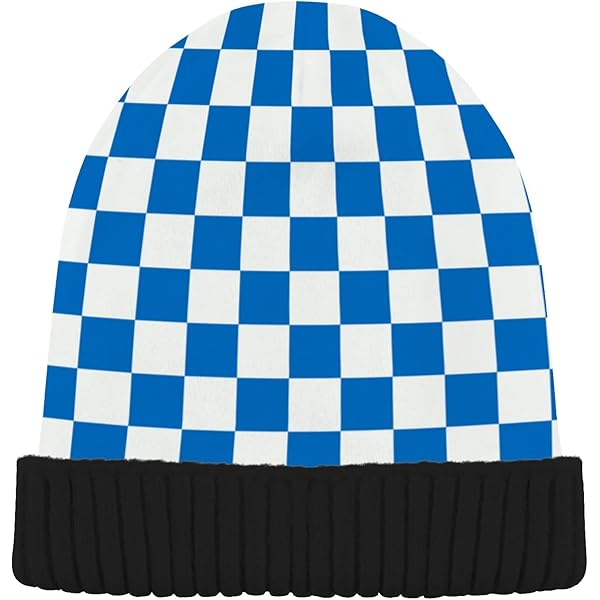 Checkerboard Blue White Plaid Beanie Hat for Men Women