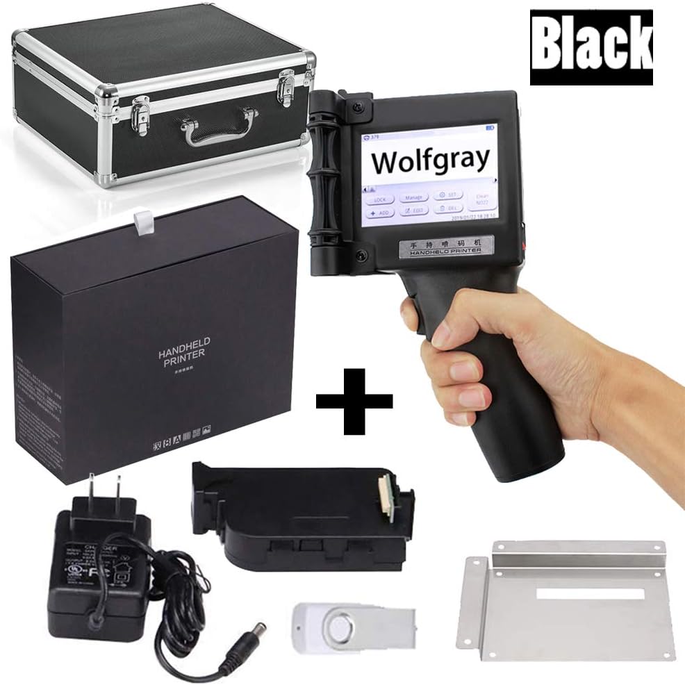 Wolfgray Black Portable Intelligent High Definition Handheld Inkjet Printer, Inkjet Code Printer, Inkjet Label Printer,LED Screen Display Inkjet Coding Machine for QRcode,Logo,Date Coder,Graphic,Label