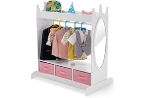 COSVALVE Kids Armoire Dress-Up Storage w/Mirror and Drawers,Dress up Closet,Costume Dress up Wardrobe,Pretend Storage Closet for Kids w/Side Pocket Top Shelf Shoes Storage for Bedroom Girls Room, White
