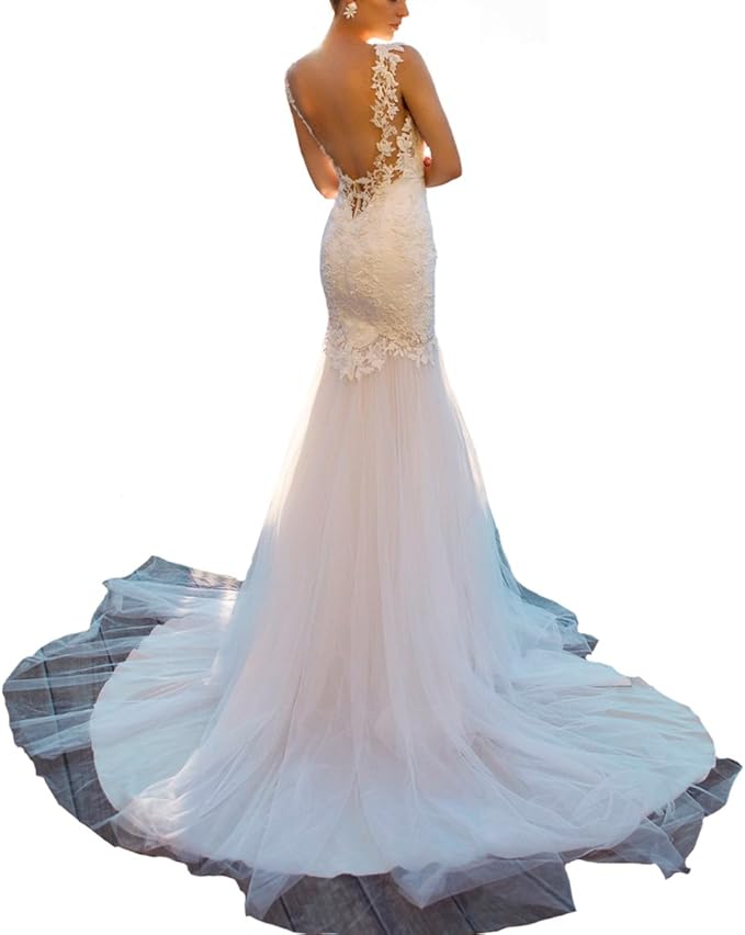 Yuxin Mermaid Lace Wedding Dress for Bride Long Backless Beach Wedding