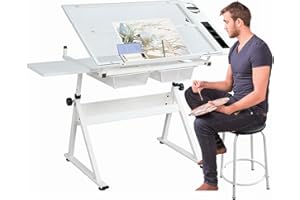 Gynsseh Drafting Table with Stool, Adjustable Height Drawing Table for Artists, 0-75° Tilting Glass Tabletop Art Craft Desk Watercolour Painting Workstation for Home School, White