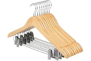 AMTEADM 10 Pack Wooden Hangers with Clips High-Grade Wooden Suit Hangers Skirt Hangers with Clips S Wood Hanger with Durable Metal Clips for Blouse, Dress, Coat, Jacket (Natural)