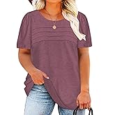 DOLNINE Plus Size Tops for Women Summer Puff Short Sleeve Shirts Casual Pleated Crewneck Tees