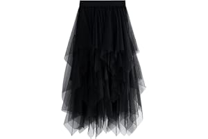 IMISSILLEB Tulle Skirt for Women Asymmetrical Pleated Tutu Midi Skirt Casual Cocktail Party Beach Elastic Waist Mesh Layered Skirts