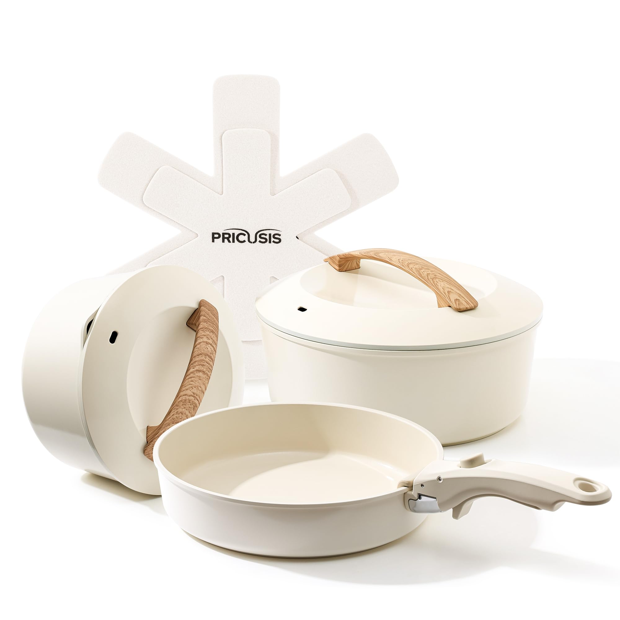 Photo 1 of PRICUSIS Ceramic Pots and Pans Set with Detachable Handle, Non-toxic Nonstick 8pcs Cookware Set with Die-cast Lids, Dishwasher & Oven Safe, PTFE PFOA PFAS Free, Perfect for College Dorm, Cream White