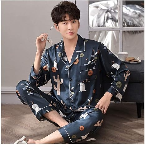 Amazon Co Jp メンズナイトウェアボタンダウンサテンパジャマセットでスリープロングシルキーpjsパジャママスク Color Mens L ホーム キッチン