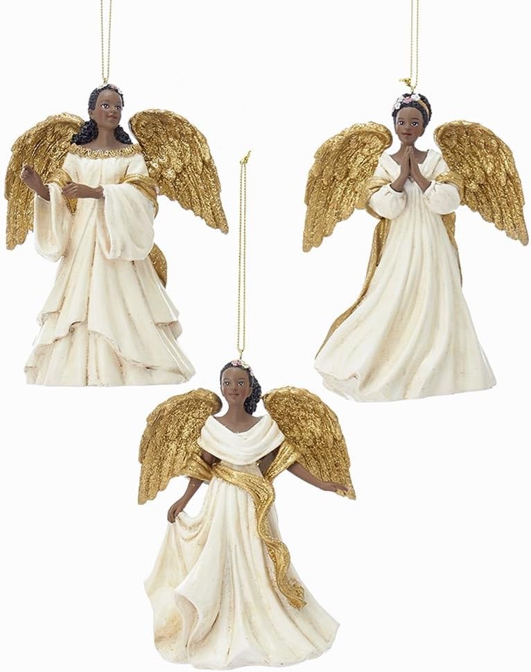 Kurt Adler IVORY AND GOLD AFRICAN AMERICAN ANGEL ORNAMENT - 3 ASSORTED
