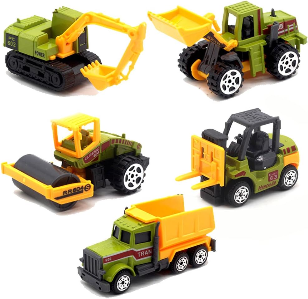 5pcs Assorted Construction Die Cast Metal Alloy Car Models Mini Play Vehicles Truck Cars Toy for Kids Toddlers Boys Green(Styles May Vary)