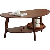 NAVREX Mid Century Modern Coffee Table with Storage, 2 Tier Oval Round Coffee Tables for Living Room, FSC Certifiled 100% Solid Bamboo Wood Center Table, Upgraded Edition (Walnut Finish)
