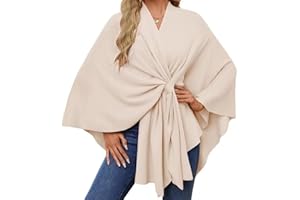 Women's Soft Open Front Poncho Sweater Shawl, Cross Front Knit, Lightweight for Travel & Fall Winter (Beige)