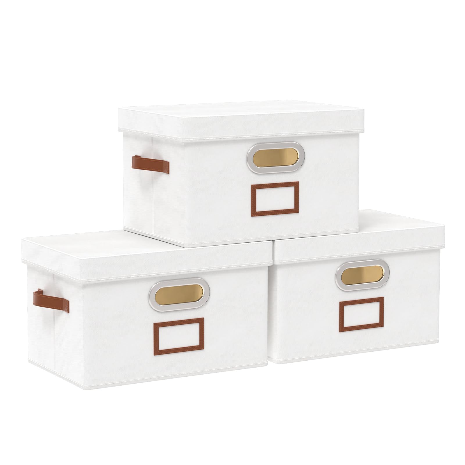 OUTBROS Storage Boxes with Lids, Storage Baskets for Shelves, Foldable Cube Organiser Box Baskets, Collapsible Fabric Bins Home & Office Decorative Storage Box, 32 x 23 x 20 cm, White, 3-Pack