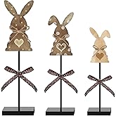 Maitys 3 Pcs Easter Bunny Wooden Table Decor Vintage Rabbit Standing Tabletop Decor Easter Bunny Block Centerpiece with Bow Heart Polka Dot for Spring Party Farmhouse Freestanding Home Office