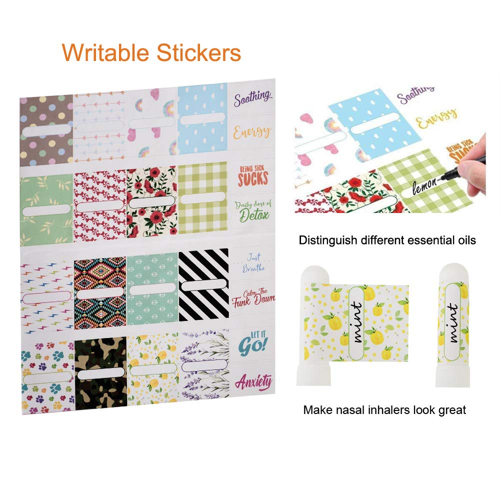 Nasal Inhalers for Essential Oils, Aromatherapy Refillable Blank Plastic Nasal Inhaler Tubes,with 2 Mini droppers 24 Cotton Wicks and 24 Writable Stickers,White 24 Pack