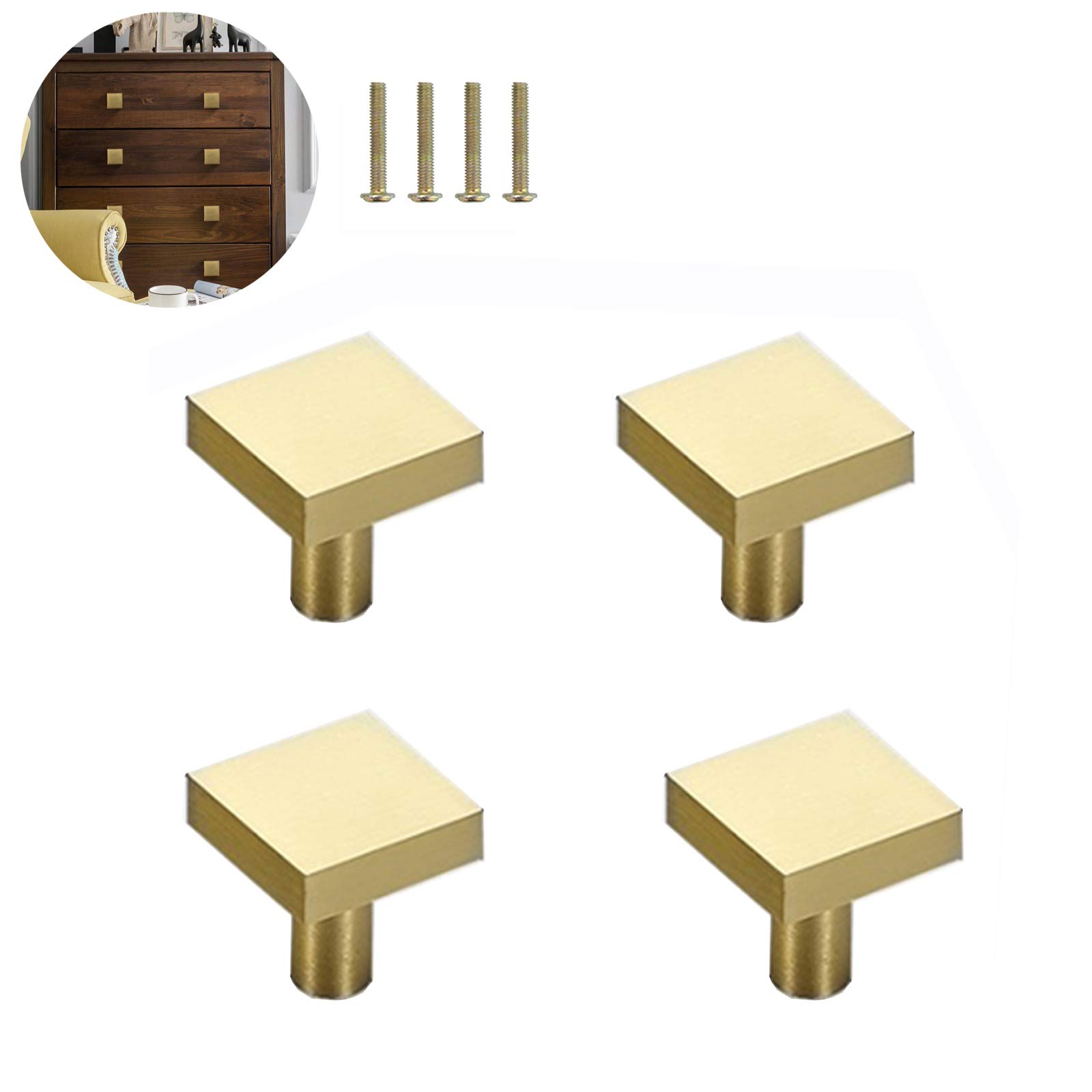 4Pcs Solid Brass Square Knobs, Single Hole Small Knobs Handle, Kitchen Door Drawer Handles Furniture Hardware Handles for Cupboard, Desk, Drawer, Dresser Drawer, Gold (20 x 20mm)
