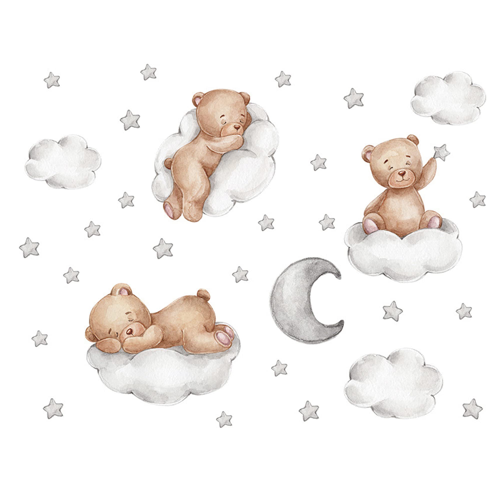 duoyif Wall Sticker Teddy Bear on Clouds with Stars & Moon, Whimsical Style, Brown & Grey, PVC Material, Waterproof, Ideal for Walls, Baby & Toddler Room Decor