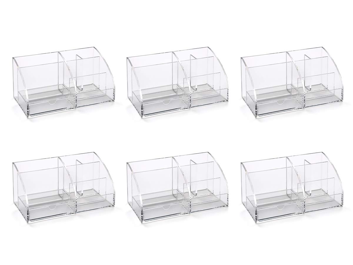 OSCO Transparent Clear Acrylic Desk Tidy Pen Pot, 7 Section Organiser with Pull-Out Drawer for Stationery, Cosmetics & Home Office Supplies, H12×W25×D13 cm, 6 Pack