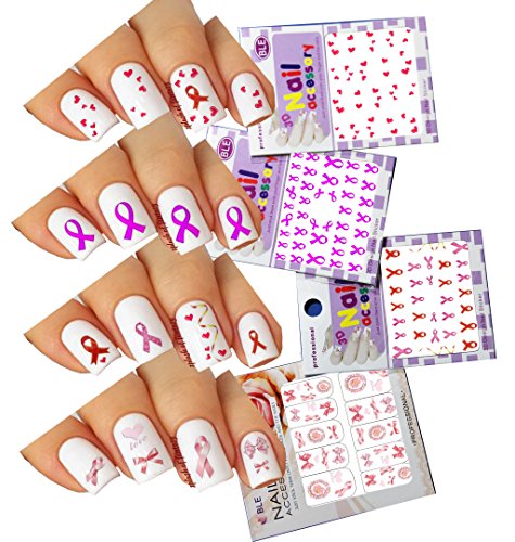 Nail Art Water Slide Tattoo & 3D Stickers ♥ Hearts ♥ Pink Ribbon ♥ 4 - Pack