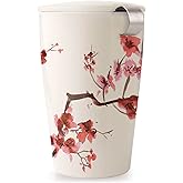 Tea Forte Double-Walled Ceramic Kati Cup, Removable Stainless Steel Infuser Basket and Lid, Steeps 12 oz Loose Leaf Tea, Dishwasher & Microwave Safe, Cherry Blossom