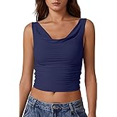 QINSEN Women's Cowl Neck Top Sleeveless Ruched Double Lined Crop Top Y2k T Shirts