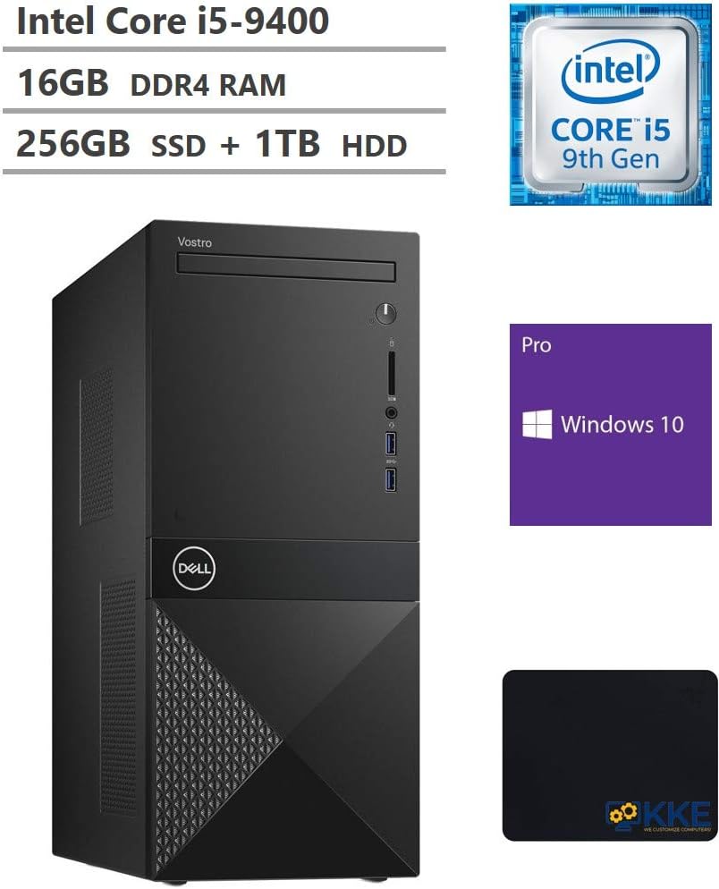 Dell Vostro 3000 Tower Business Desktop, Intel Core i5-9400 Six-Core Processor up to 4.10GHz, 16GB RAM, 256GB PCIe NVMe M.2 SSD + 1TB HDD, HDMI, VGA, DVD-RW, Windows 10 Pro, Black, KKE Mousepad Bundle