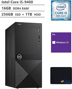Dell Vostro 3000 Tower Business Desktop, Intel Core i5-9400 Six-Core Processor up to 4.10GHz, 16GB RAM, 256GB PCIe NVMe M.2 SSD + 1TB HDD, HDMI, VGA, DVD-RW, Windows 10 Pro, Black, KKE Mousepad Bundle
