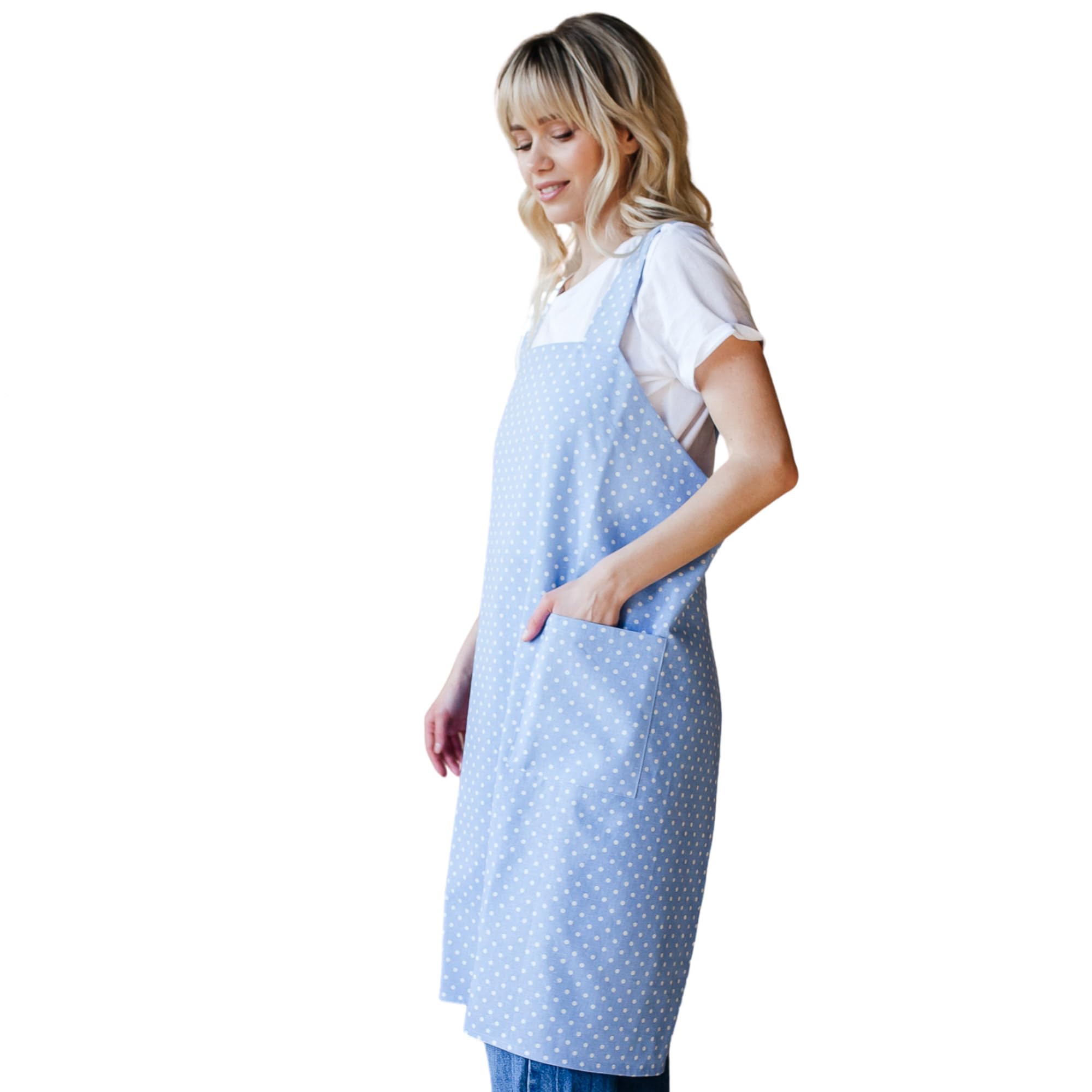 Bunny Street No-Tie Blue Cotton Pinafore Apron for Women – Polka Dot Japanese Cross-Back Apron with Pockets for Florists, Artists, Crafters (Cornflower)