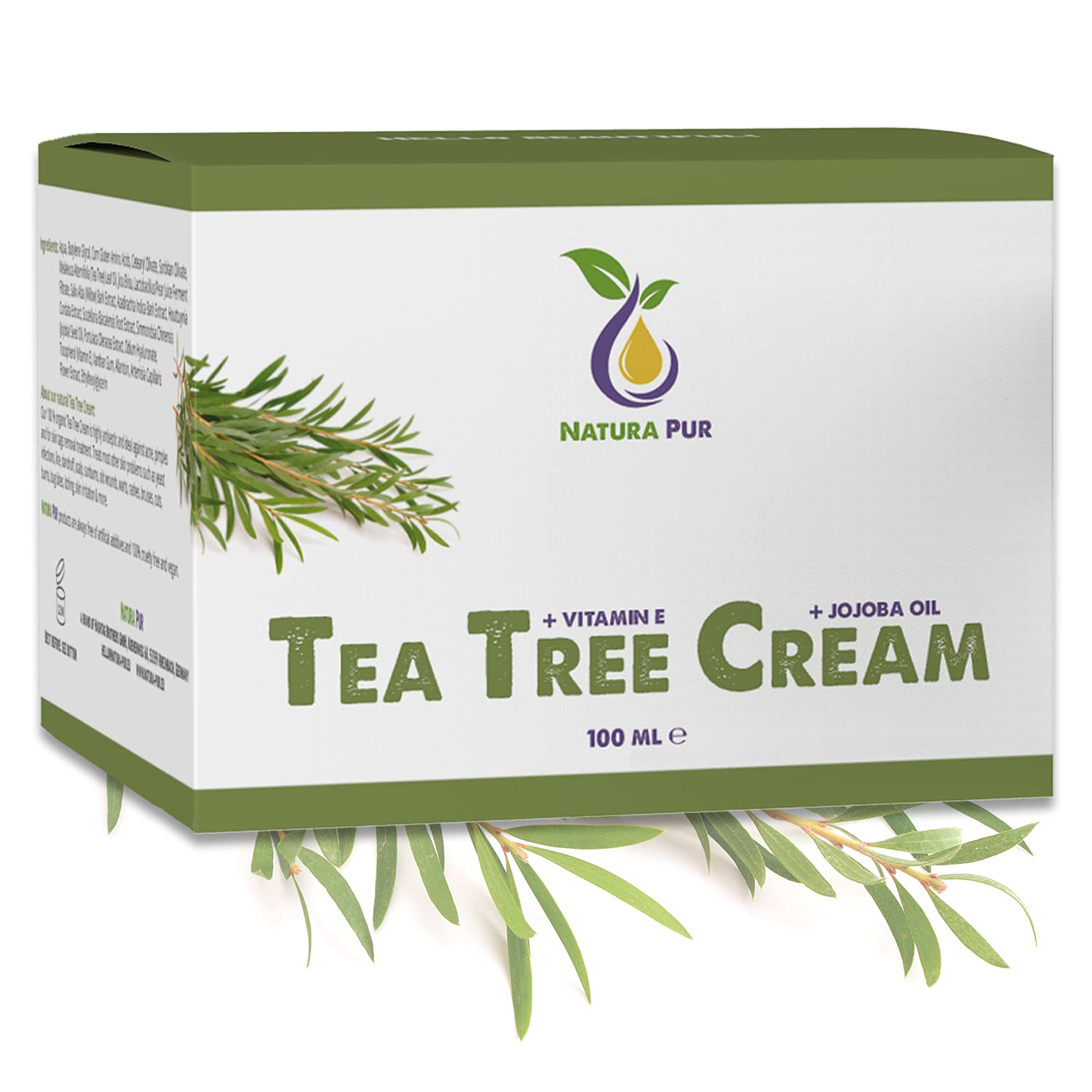 Tea Tree Oil Cream 100ml, 100% organic & vegan, natural cosmetics care for blemished skin, inflammatory skin conditions, anti-pimples and acne