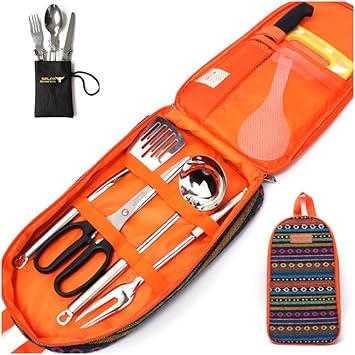 Amazon Tumecos キャンプ バーベキュー 調理器具 q セット アウトドア ポータブル カトラリー キッチンツール クッキングツール 屋外携帯用調理器具 折り畳み式の食器が付属しています オレンジ Tumecos クッキングツール