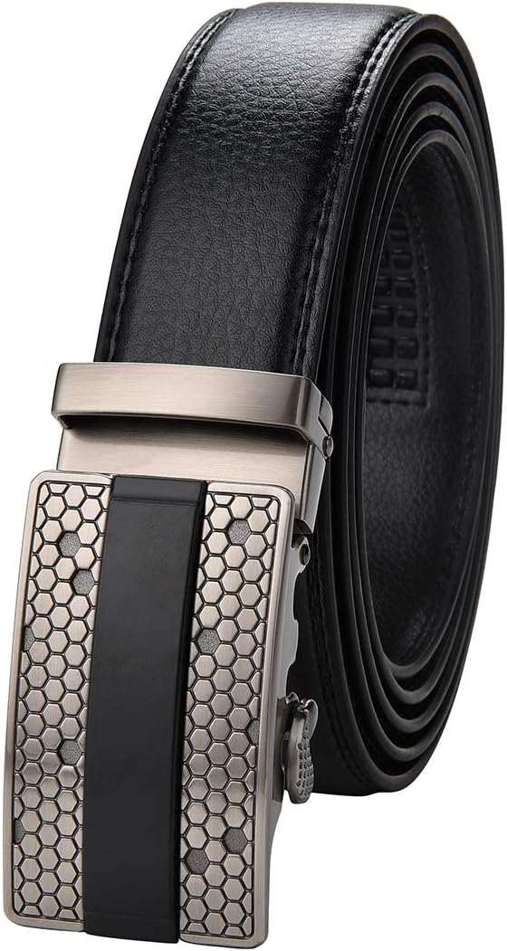 Men's Leather Belt Adjustable 30"-60" Waist,Ratchet Dress Belt Automatic Buckle (Adjustable 30"-50" Waist, Black)