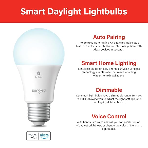 SENGLED ALEXA LIGHT BULB, SMART LIGHT BULBS THAT COMPATIBLE WITH ALEXA ONLY, BLUETOOTH MESH STANDARD A19 E26 DIMMABLE LED BULB DAYLIGHT 5000K, 60W EQUIVALENT 800LM, HIGH CRI, HIGH BRIGHTNESS, 6 PACK